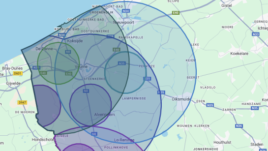 Kaart overzicht zones vogelgriep in de Westhoek, januari 2026