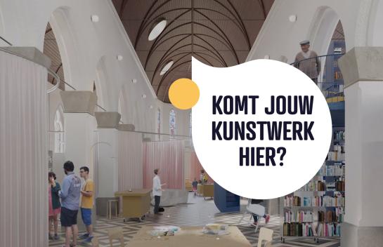 Renderbeeld van binnen in de nieuwe bib, met de tekst 'komt jouw kunstwerk hier'
